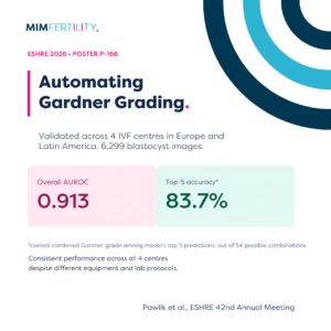 Poster Overview: P-166: AI-based automation of Gardner blastocyst grading to improve standardisation across IVF centres - Presented at ESHRE 2026.